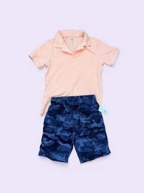 GAP Kids Boys Peach Pique Polo Shirt and Blue Camo Shorts Set